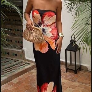 Anthropologie The Fleur Strapless Satin Maxi Dress in black